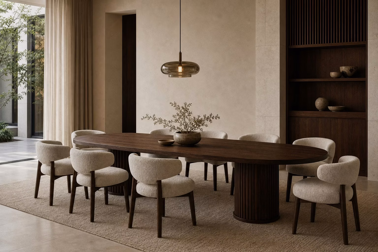 Maatwerk eettafel met donkerhouten onderstel en gestoffeerde eetkamerstoelen